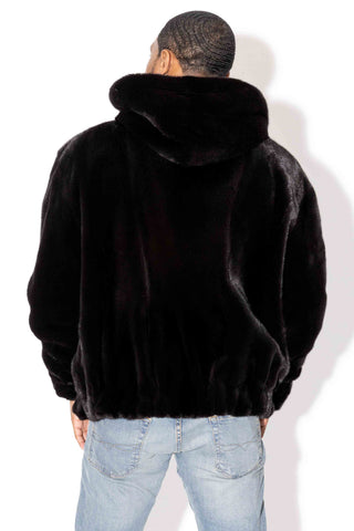 Men's Blackglama Ranch Mink Fur Bomber Jacket with Hood & Zip Front