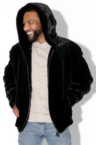 Men's Blackglama Ranch Mink Fur Bomber Jacket with Hood & Zip Front