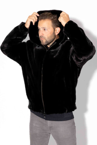 Men's Blackglama Ranch Mink Fur Bomber Jacket with Hood & Zip Front