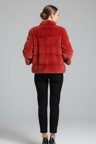back of paprika mink fur jacket with horizontal pattern and zip front