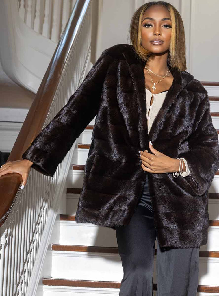 mahogany horizontal saga mink fur jacket with hood