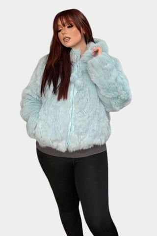 blue rabbit fur jacket with hood