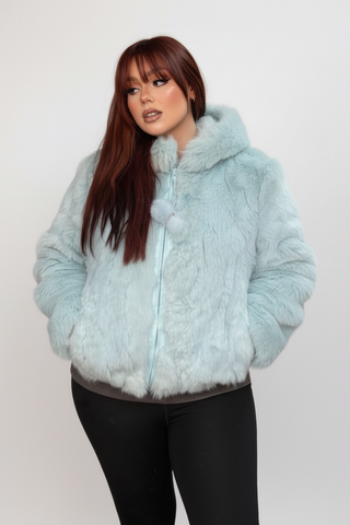 baby blue rabbit fur jacket with hood and zip front