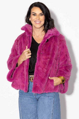 dark lilac sectioned mink fur jacket with standup collar