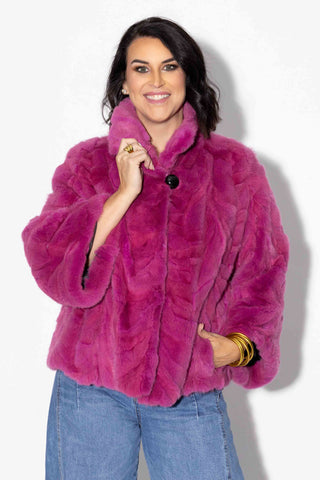 dark lilac sectioned mink fur jacket with standup collar