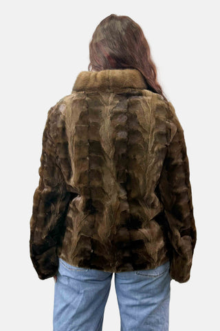 brown reversible sheared sectioned mink fur jacket with zip front