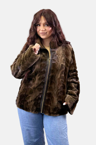 brown reversible sheared sectioned mink fur jacket with zip front