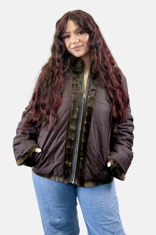 brown reversible sheared sectioned mink fur jacket with zip front