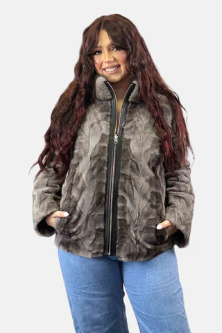 gray reversible sheared sectioned mink fur jacket with zip front