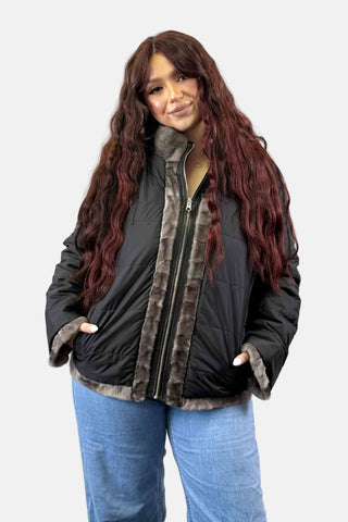 gray reversible sheared sectioned mink fur jacket with zip front