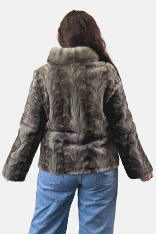 gray reversible sheared sectioned mink fur jacket with zip front