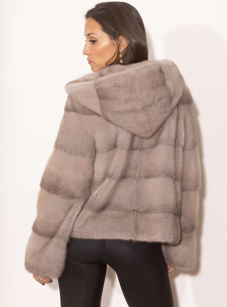 Sapphire Horizontal Mink Fur Jacket with Hood