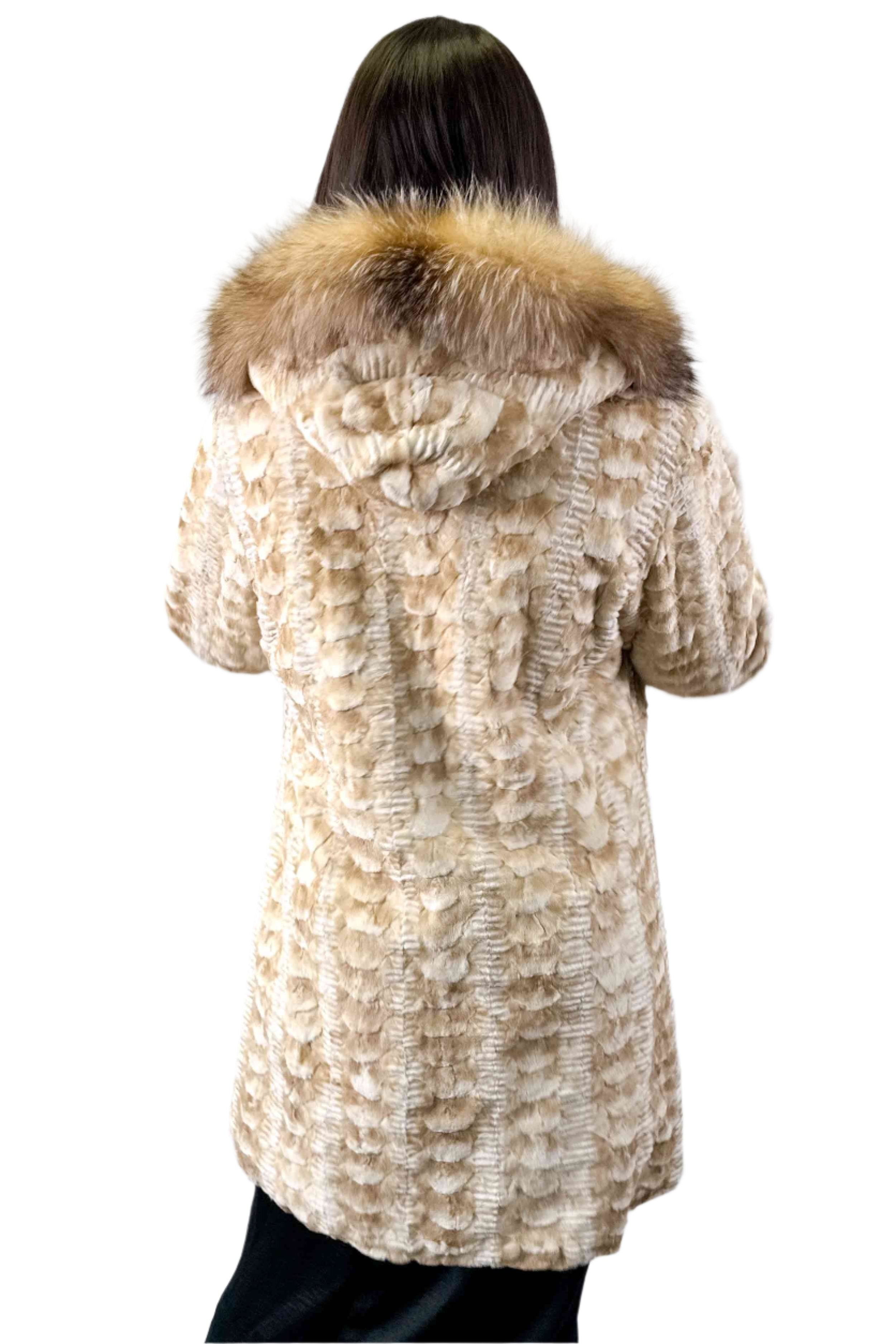 Sheared Mink Fur Stroller with Fox Fur Trim Hood Beige Cross with Crystal M