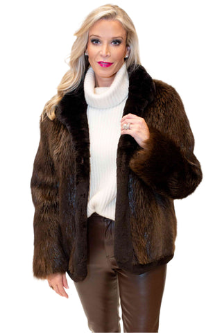 beaver fur bolero jacket with sheared beaver fur trim