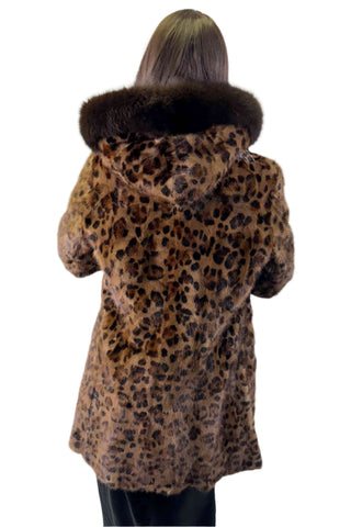 demi buff animal print sectioned mink fur stroller with brown fox fur trim hood