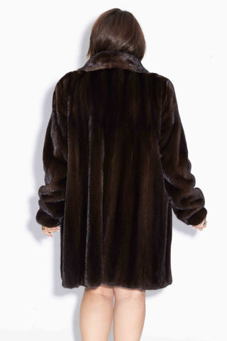back of smiling woman wearing a mahogany female mink fur stroller 