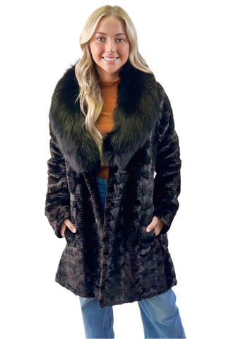black sheared sectioned mink fur stroller with fox fur shawl collar