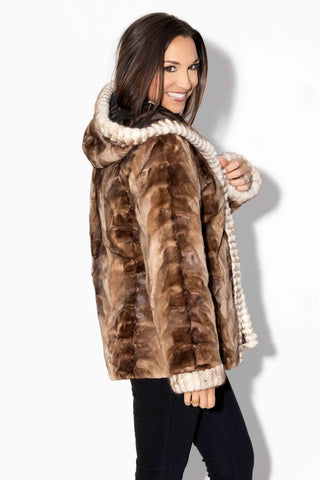 beige cross reversible mink fur jacket with hood