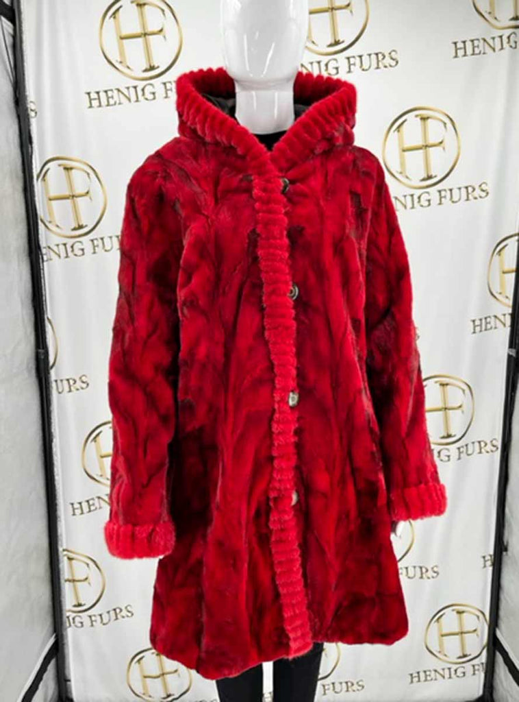 Red Reversible Sheared Mink Fur Stroller with Hood