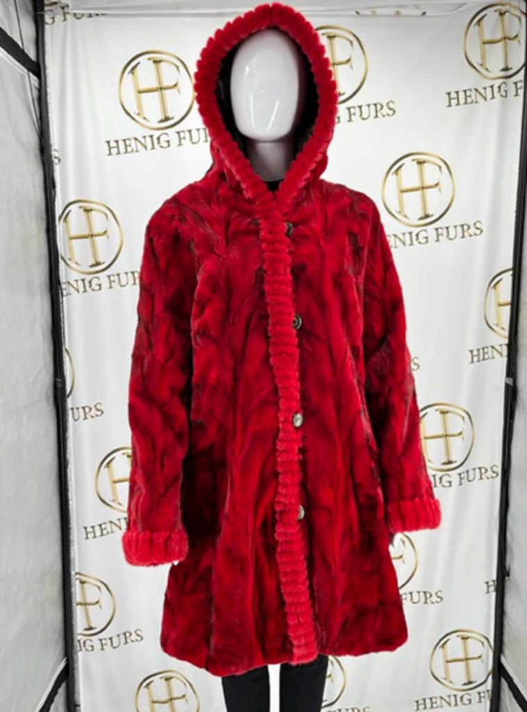 Red Reversible Sheared Mink Fur Stroller with Hood