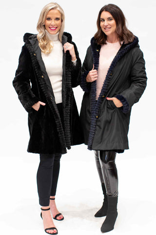 black and navy Reversible Sheared Mink Fur Stroller to Rain jacket