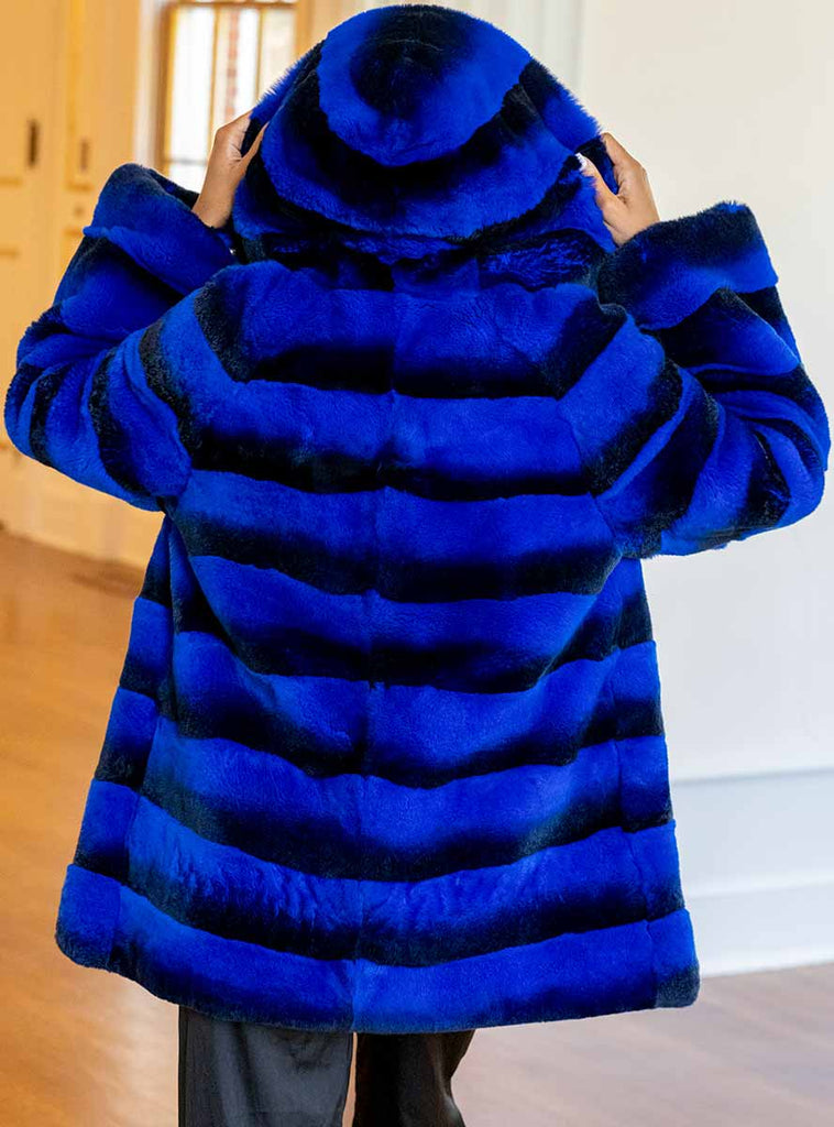rex rabbit fur jacket with hood dyed blue chinchilla
