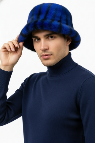 men's blue mink fur bucket hat