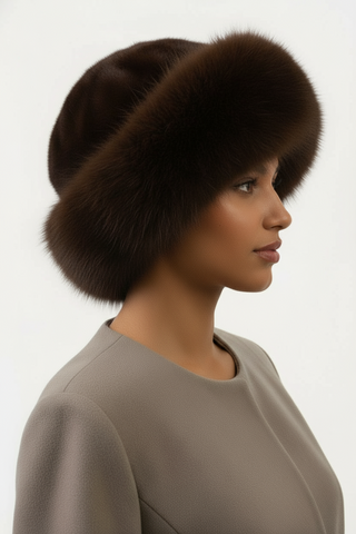 mahogany mink fur hat with fox fur trim