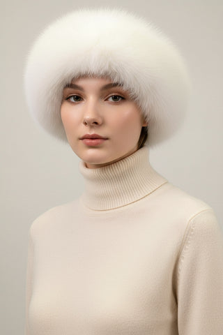 white mink fur hat with white fox fur trim