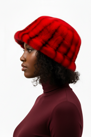 women's red mink fur bucket hat