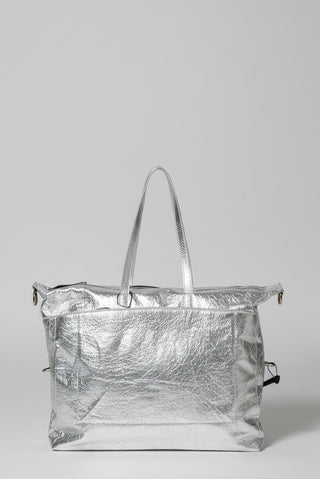 silver foil leather weekend bag