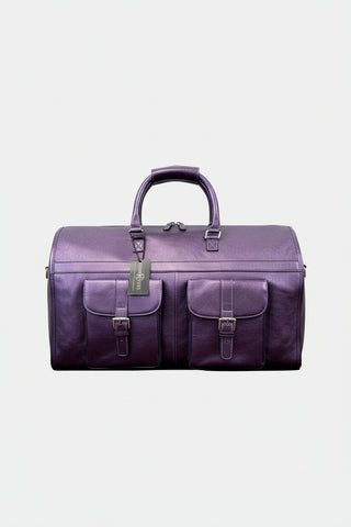 purple foil leather garment duffle bag