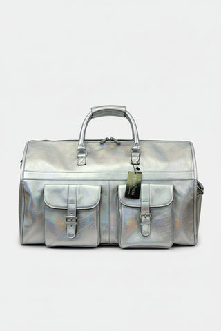 silver foil leather garment duffle bag