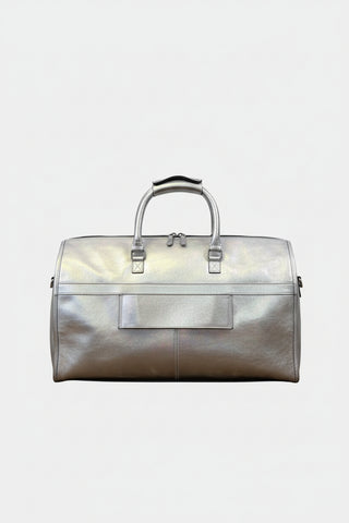 silver foil leather garment duffle bag