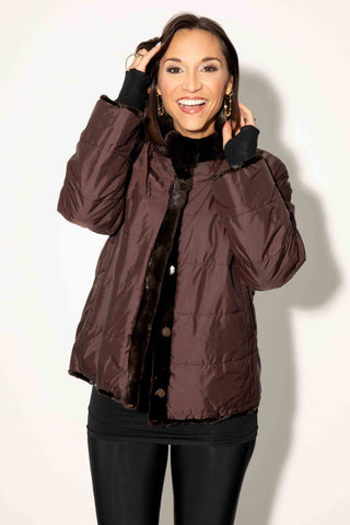 Brown reversible sheared sectioned mink fur jacket