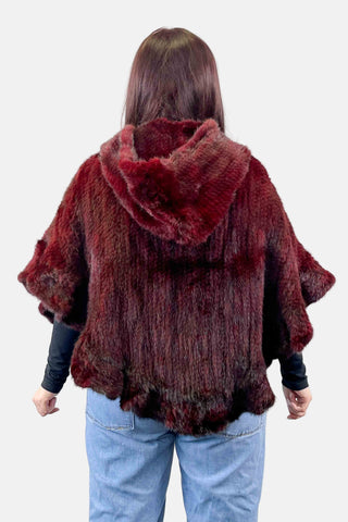 burgundy knitted mink fur cape with hood