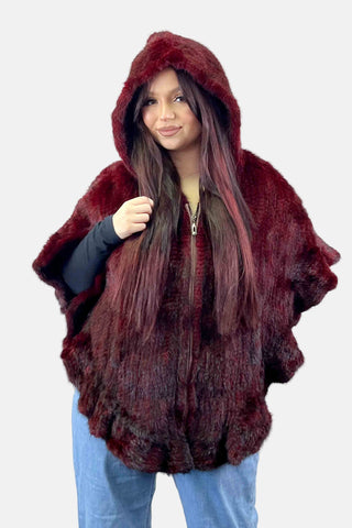 burgundy knitted mink fur cape with hood