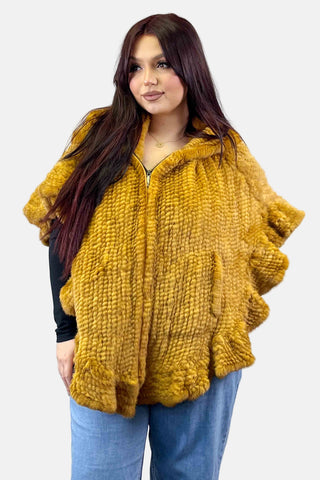 whisky knitted mink fur cape with hood