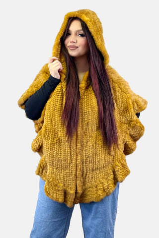 whisky knitted mink fur cape with hood
