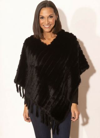 Black Knitted Rabbit Fur Poncho with Fringe.