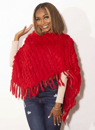 red knitted rabbit fur poncho with fringe