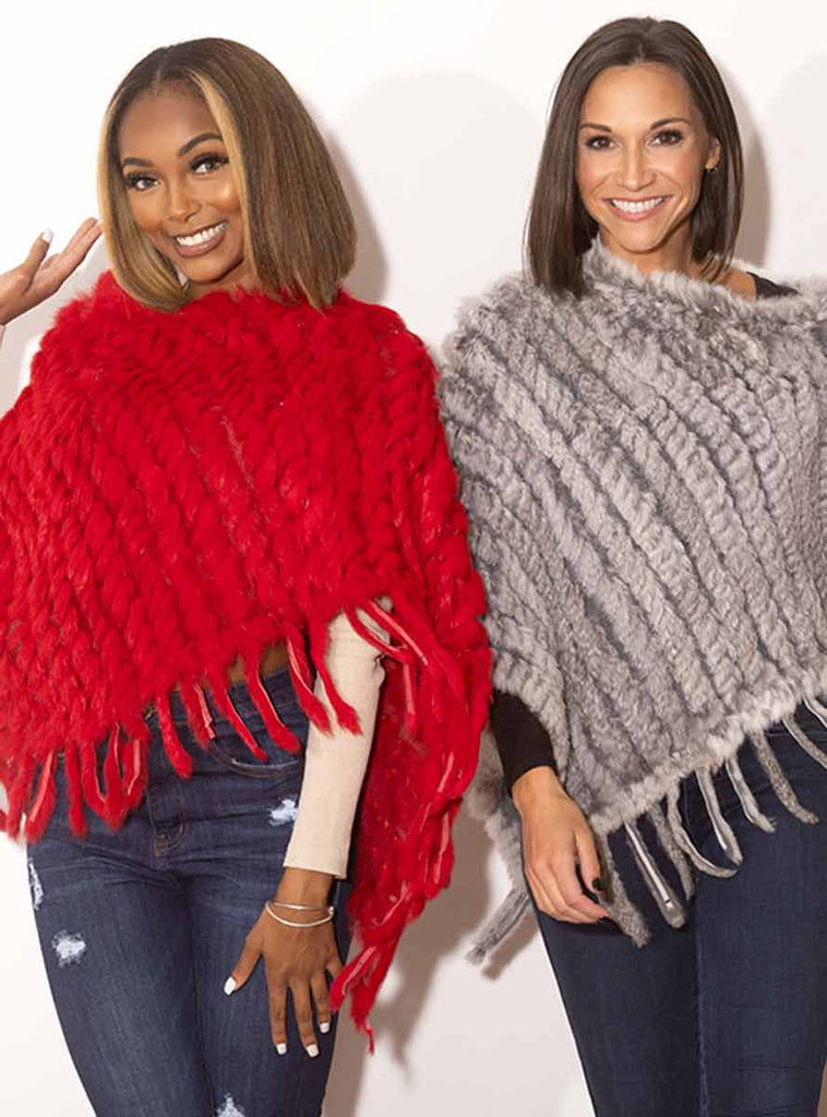 Red & Gray Knitted Rabbit Fur Ponchos with Fringe