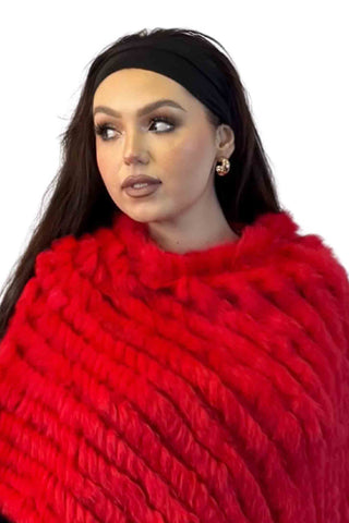 red knitted rabbit fur poncho with fringe