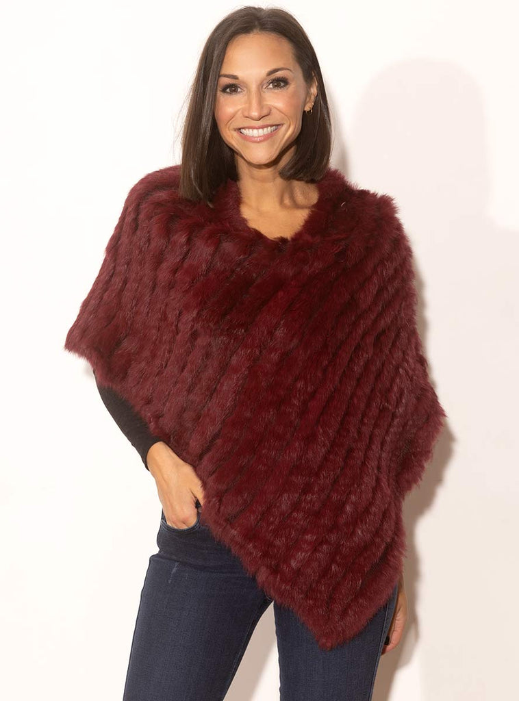 Burgundy Knitted Rabbit Fur Poncho