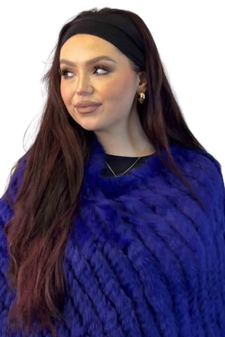 cobalt knitted rabbit fur poncho with fringe