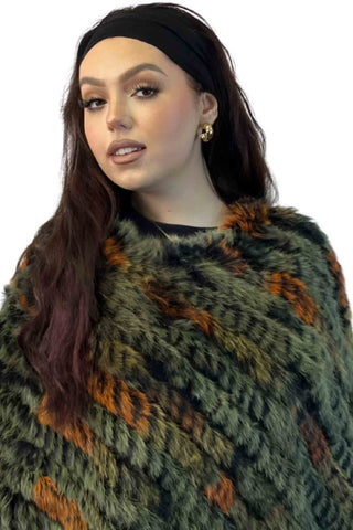 green multicolor knitted rabbit fur poncho with fringe