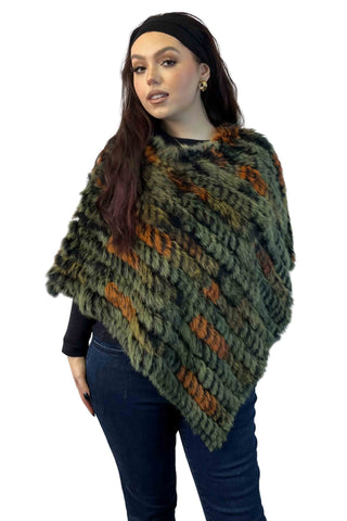 green multicolor knitted rabbit fur poncho