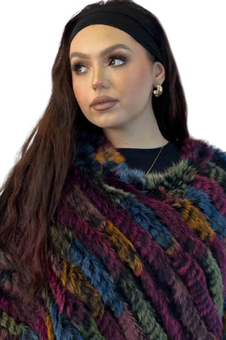 magenta multicolor knitted rabbit fur poncho with fringe