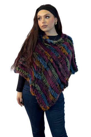magenta multicolor knitted rabbit fur poncho