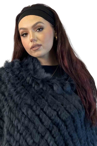 navy knitted rabbit fur poncho with fringe
